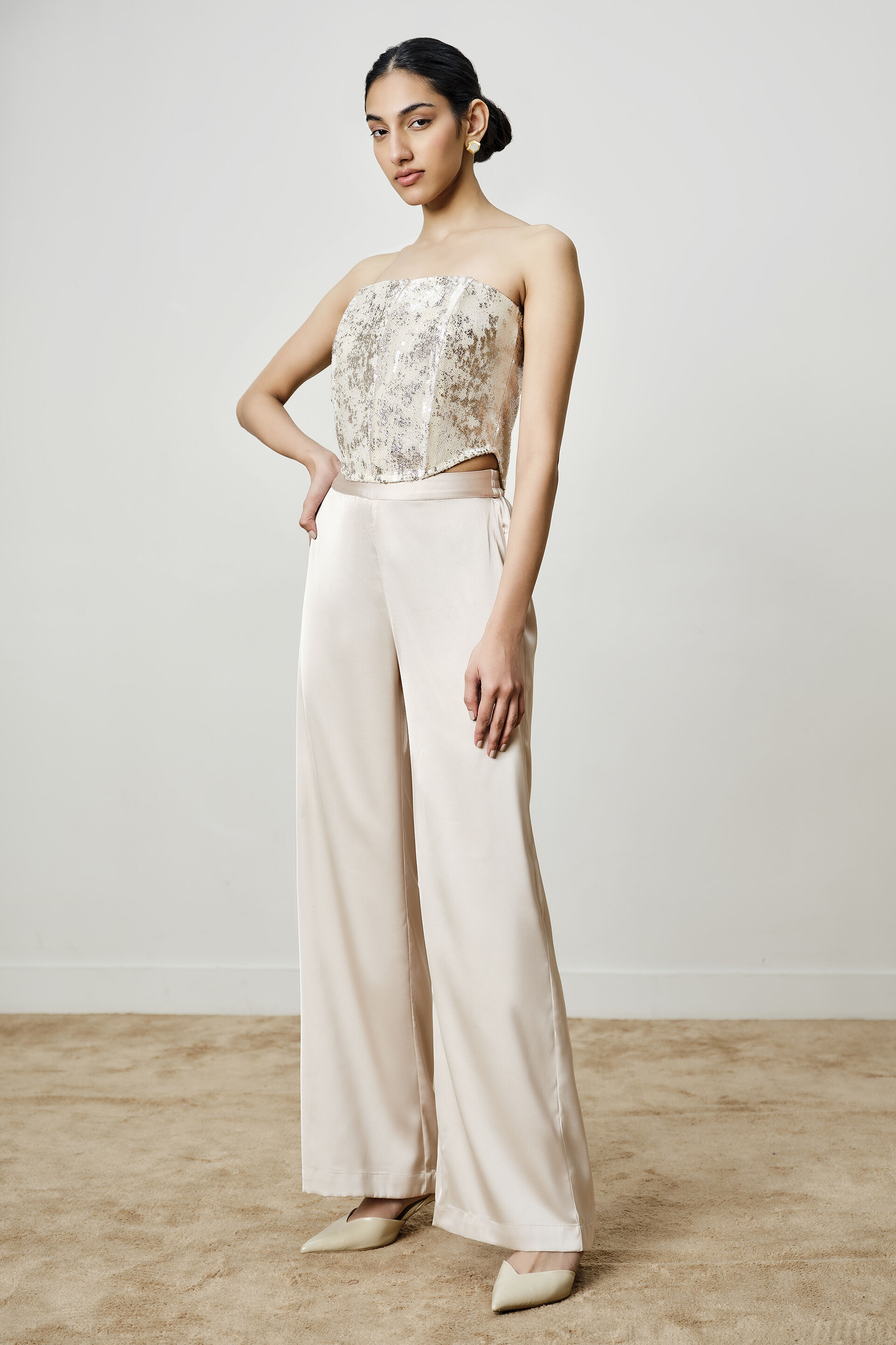 Shimmery Champagne Wide-Leg Pants, Cream, image 2